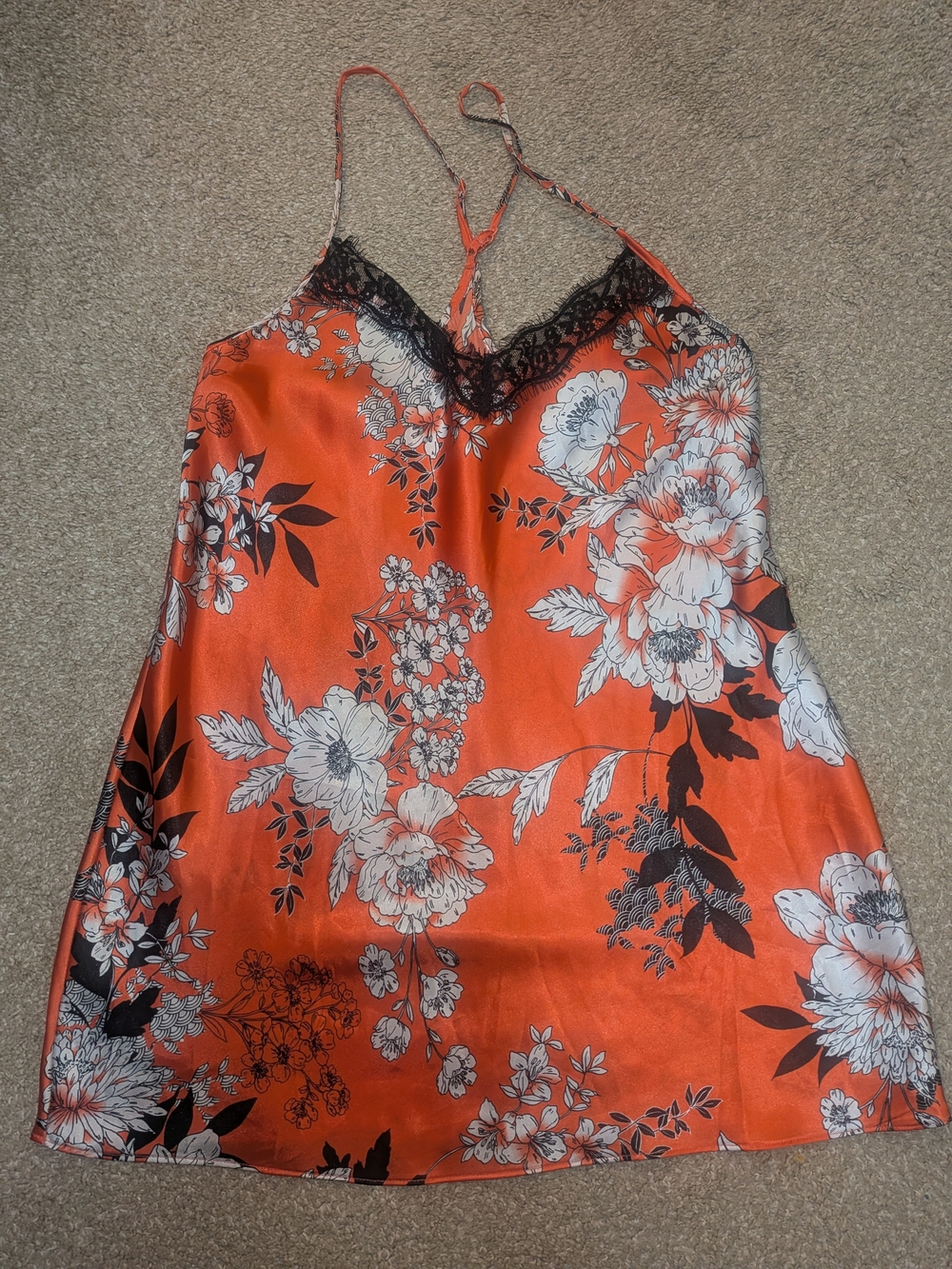 Secret Treasures Orange Floral Satin Slip with Black Lace Trim